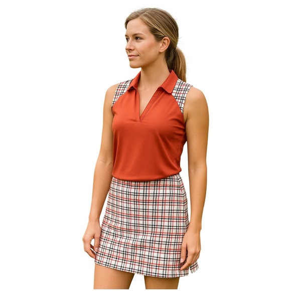 Izod Golf Skort Set 2PC Sleeveless Top Orange Navy Blue V-Neck Sporty Mesh Lined - Picture 1 of 16
